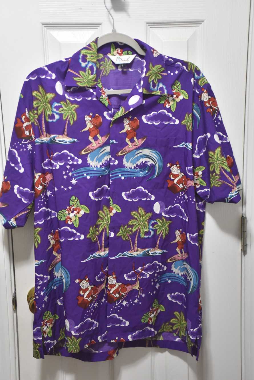 Alvish Aloha Shirt Purple Surf Santa Print L LSC374